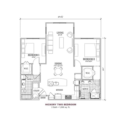 Architectural floor plan for a two-bedroom unit