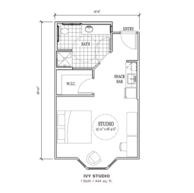 Architectural floor plan of Ivy Studio unit.