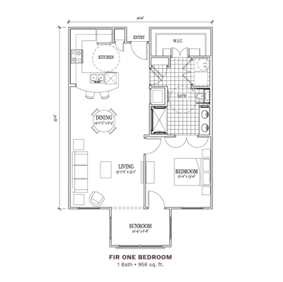 Architectural floor plan of a one-bedroom unit