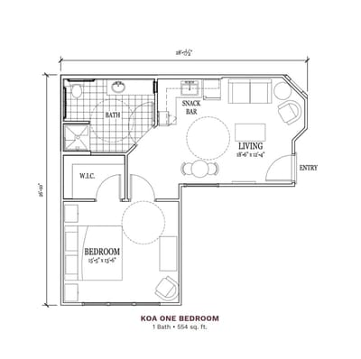 Architectural floor plan of a one-bedroom unit