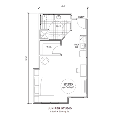 Architectural floor plan for a studio apartment