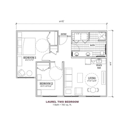 Architectural floor plan of a two-bedroom unit
