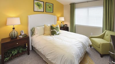 Cozy resident room with bright decor and natural light