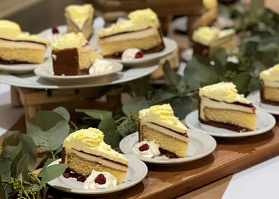 Delicious cake slices displayed elegantly on plates