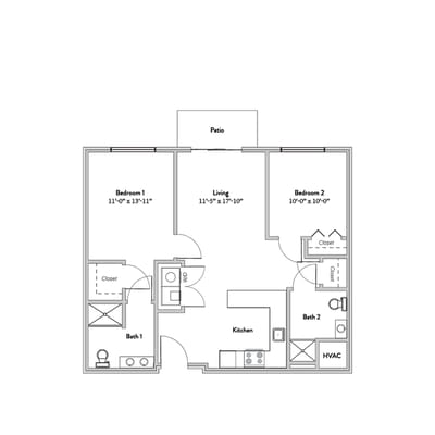 Architectural floor plan of a two-bedroom unit
