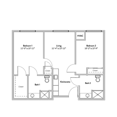 Architectural floor plan of a two-bedroom unit