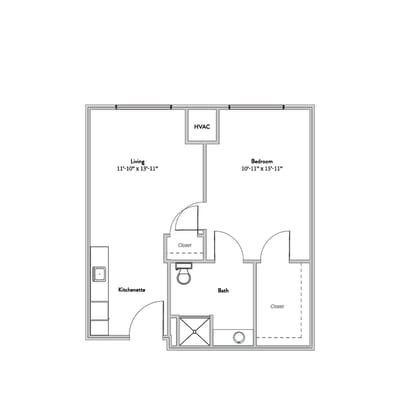 Architectural floor plan of a one-bedroom unit