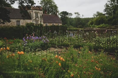 Flower garden in front of a historic building