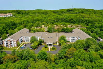 Aerial view of the senior living facility surrounded by greenery