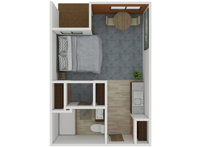 Layout of a private resident room with a bed and desk