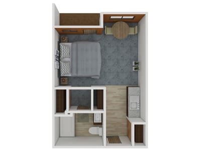 Layout of a private resident room with amenities
