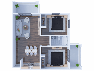 Architectural floor plan of a two-bedroom apartment