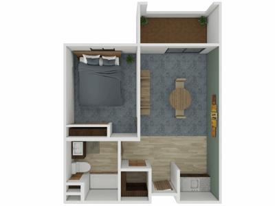 Floor plan of a one-bedroom resident unit