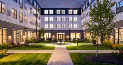 Beautifully landscaped outdoor courtyard at evening