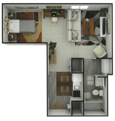 Floor plan of a private resident room and bathroom