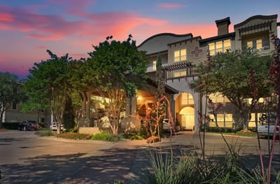 Exterior view of The Landon at Lake Highlands at sunset