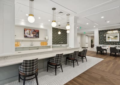 Modern lobby area with stylish decor and seating