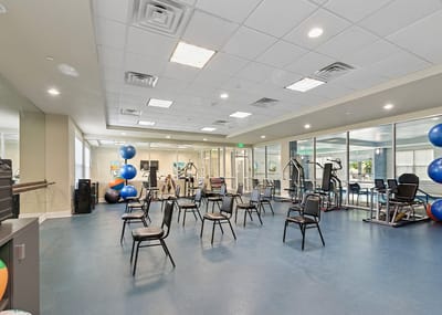 Interior view of an activity room with exercise equipment