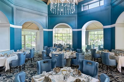 Elegant dining room setup with blue decor