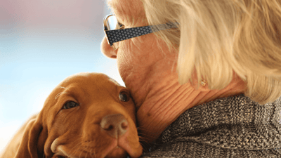 A resident cuddling with a puppy