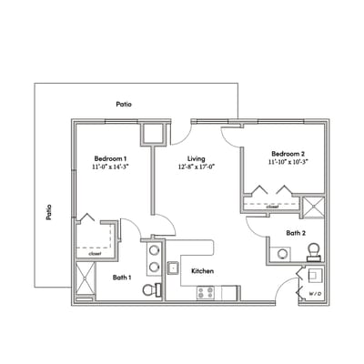 Architectural floor plan of a two-bedroom apartment