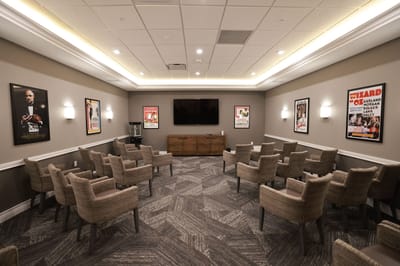 Interior activity room with seating and decorations