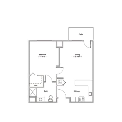 Architectural floor plan of a one-bedroom apartment