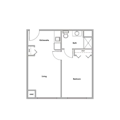 Architectural layout of a one-bedroom unit