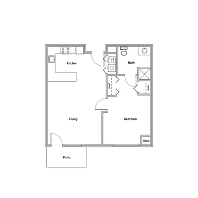Architectural floor plan of a one-bedroom unit with patio
