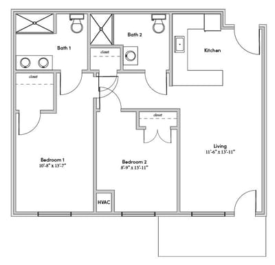 Architectural floor plan of a two-bedroom unit