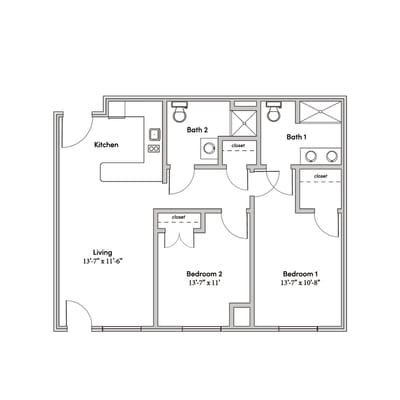 Architectural floor plan of a two-bedroom unit