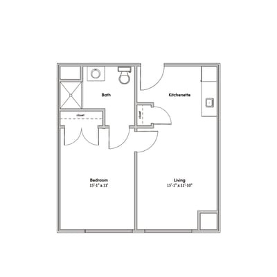 Architectural floor plan of a one-bedroom unit