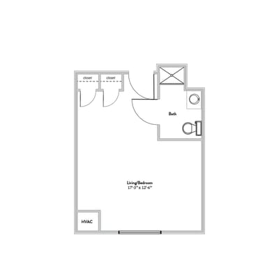 Floor plan of a living/bedroom unit with bathroom