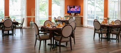 Dining area with set tables and modern decor