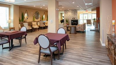 Common area with tables and comfortable seating