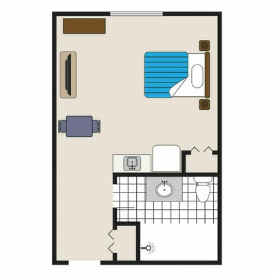 Architectural floor plan of a private resident room