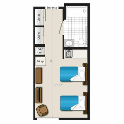 Floor plan of a resident unit with two beds
