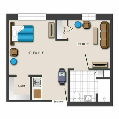 Architectural floor plan of a resident room