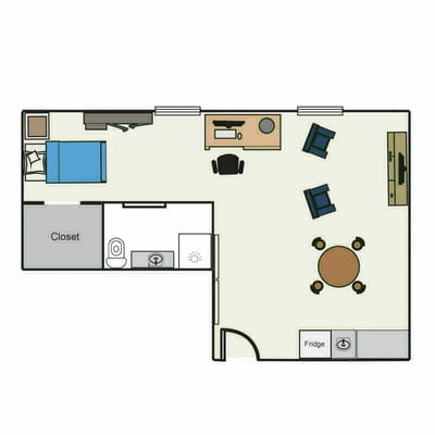 Architectural floor plan of a resident room layout
