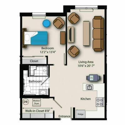 Architectural floor plan of a one-bedroom unit