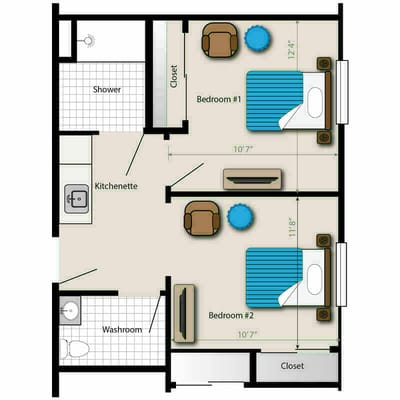 Architectural floor plan of a two-bedroom unit
