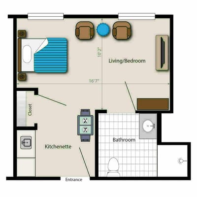 Floor plan of a resident unit with living area and kitchenette