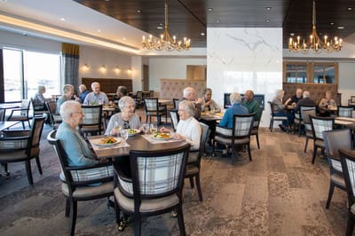 Residents enjoying meals in a bright dining area