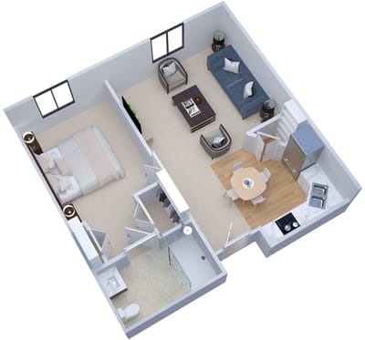 Aerial view of a modern one-bedroom apartment layout