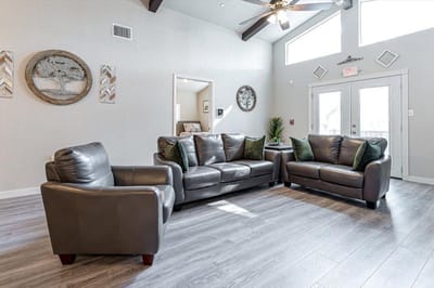 Interior view of a common area with seating