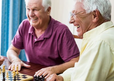 Two elderly men playing chess in a bright room