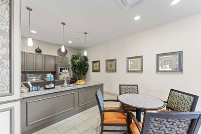 Bright common area with seating and decor
