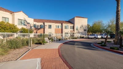 Exterior view of Solterra Senior Living building and entrance