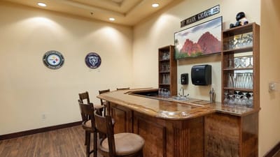 Interior bar area with mountain-themed decor