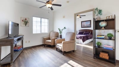 Cozy living space with seating and decor